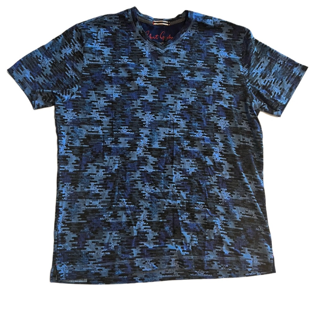 NWT Robert Graham Blue Deke V-Neck T-shirt XL | abstract camouflage AOP tee camo